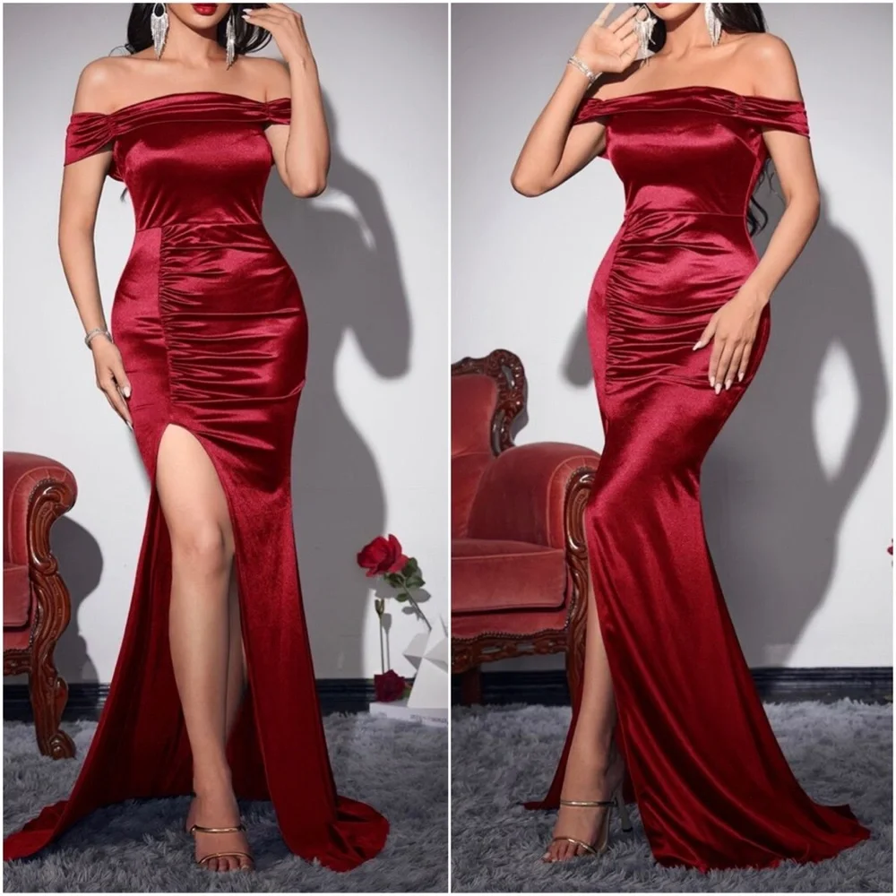 Luxurious Green Off Shoulder Slit thigh formal party evening wedding prom… - Picture 3 of 9